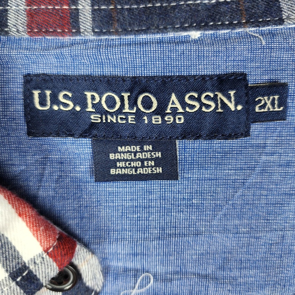 US Polo Assn Button Down Shirt Mens 2XL Navy Red White Plaid Long Sleeve Logo - Picture 6 of 9